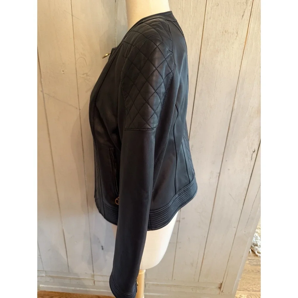 Tory‎ Burch Ryder Leather Jacket Soft Moto Gold Zip Sz-Lg Dark Navy NEW Rt 998$